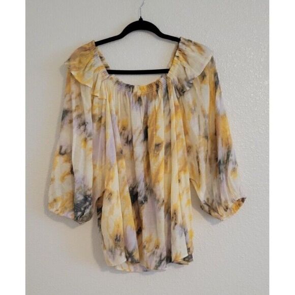Zac and Rachel Women's Watercolor Print Ruffle 3/4 Sleeve Top Yellow Size 1X - Picture 10 of 10